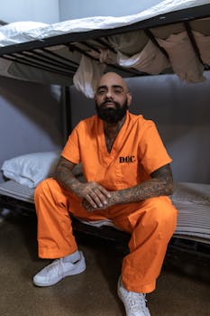 Male inmate in orange uniform sitting in a prison cell with bunk beds.