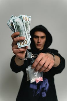 Close-up of a handcuffed man holding cash and drugs, symbolizing crime and illegal trade.