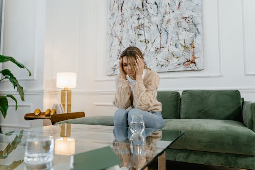 A woman sitting on a sofa at home, appearing distressed and stressed, in a modern living room.